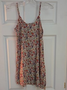 Floral Spaghetti-Strap Mini Dress in Cream with Red & Purple Flowers